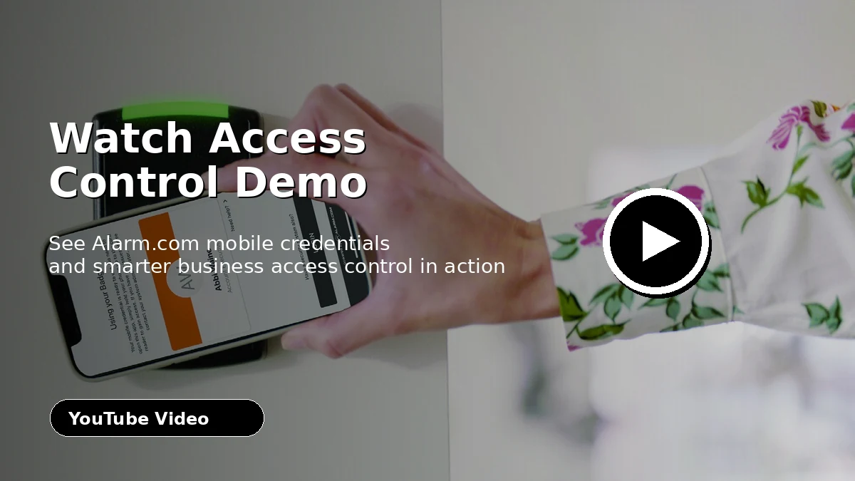 Alarm.com access control demo thumbnail showing mobile credentials at a business door reader